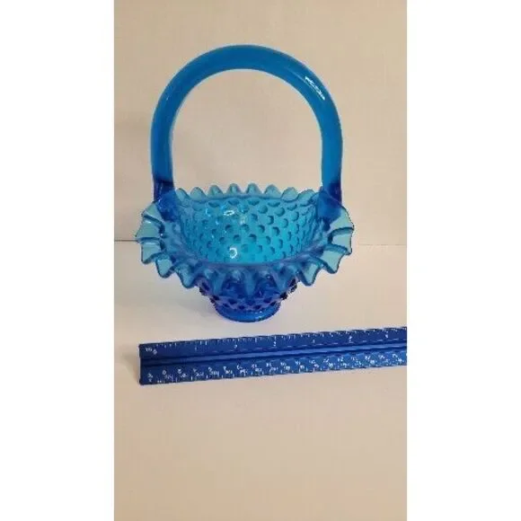 Vintage Fenton Colonial Blue Hobnail‎ Glass Basket Ruffled Edge ~ 7.25" - Picture 6 of 8